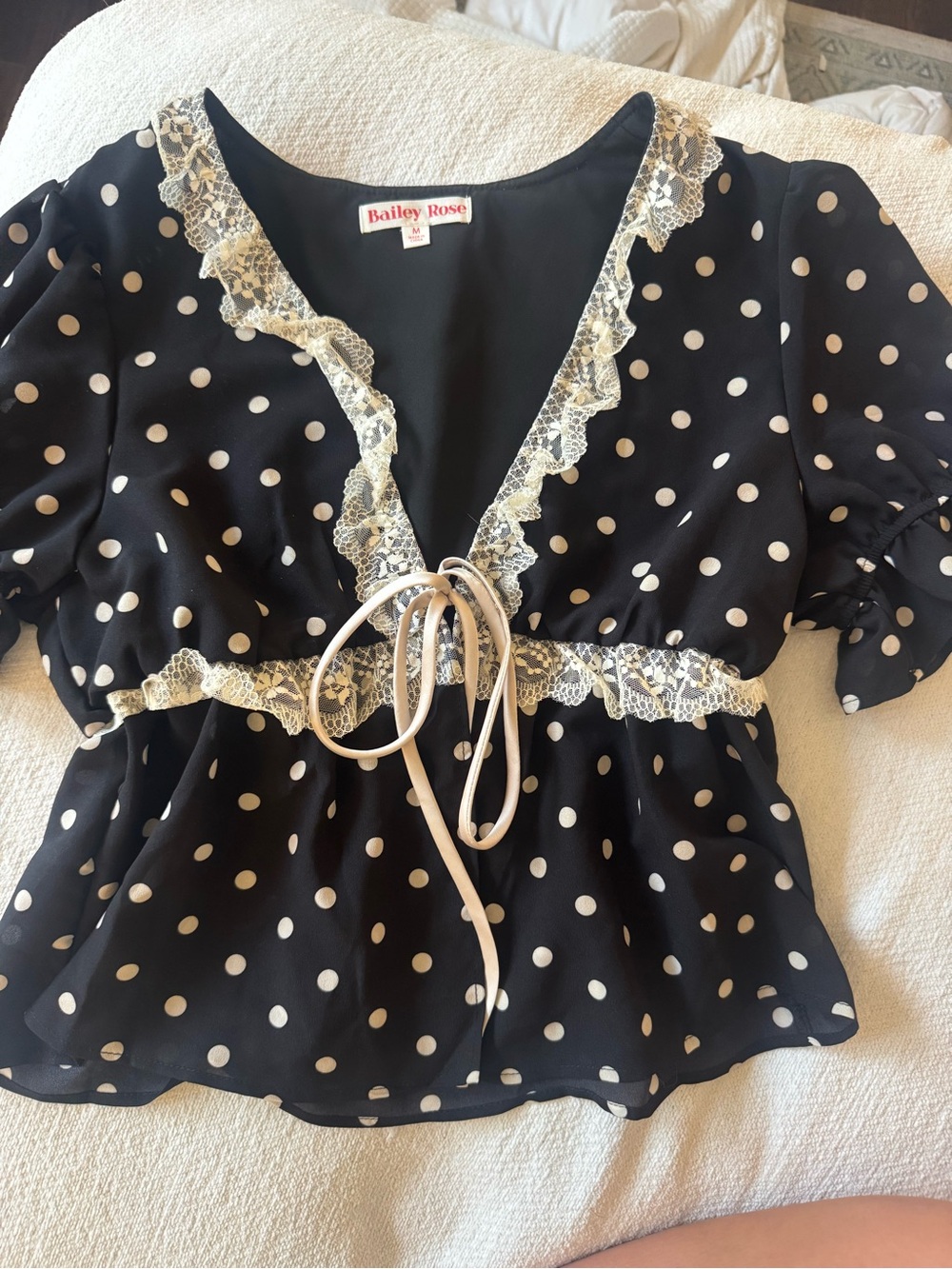 Bailey Rose Black Polka Dot Lace-Trim Peplum Blouse